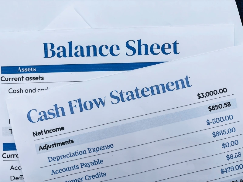 Two records showing the differences between a balance sheet and cash flow statement for small businesses.