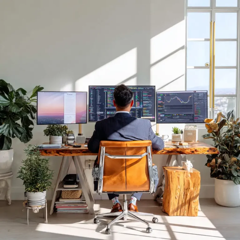 Man in home office, stock trading. Image complements the blog "Can you write off rent as a business expense?"