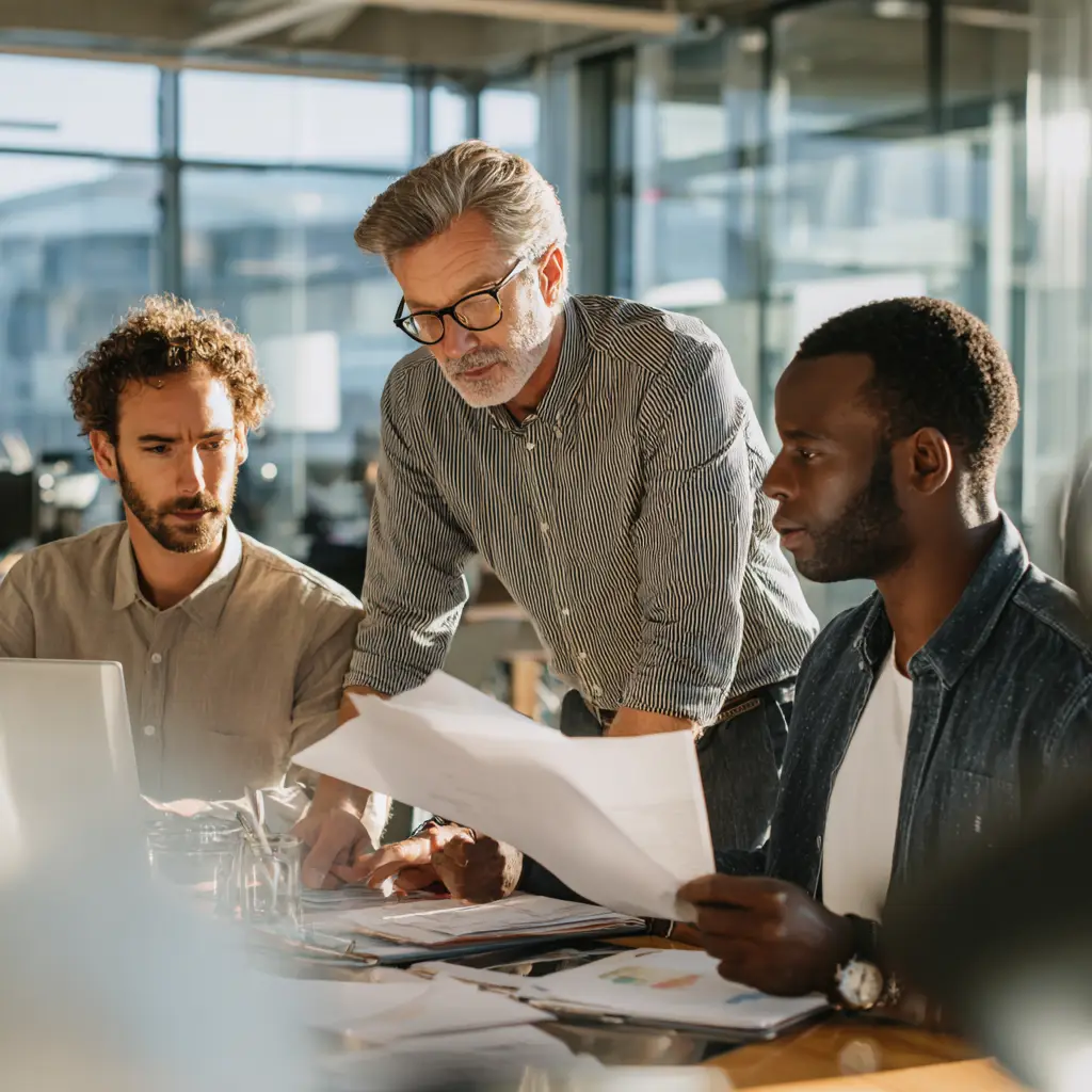 Corporate professionals reviewing files.  