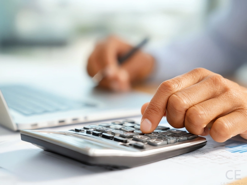 Male CPA uses a calculator for business expense categories. 