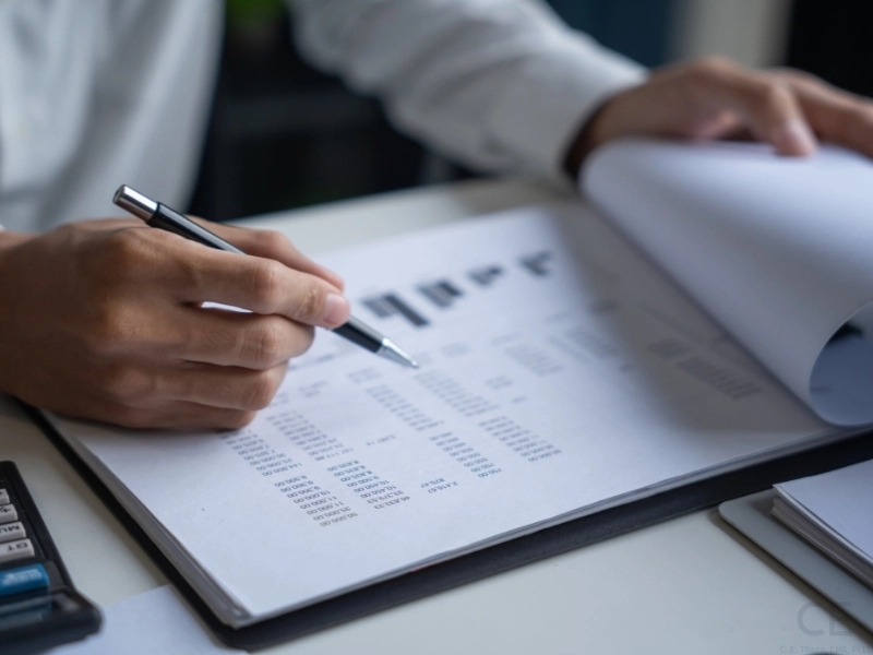Analyst reviewing chart data for small business expense categories. 