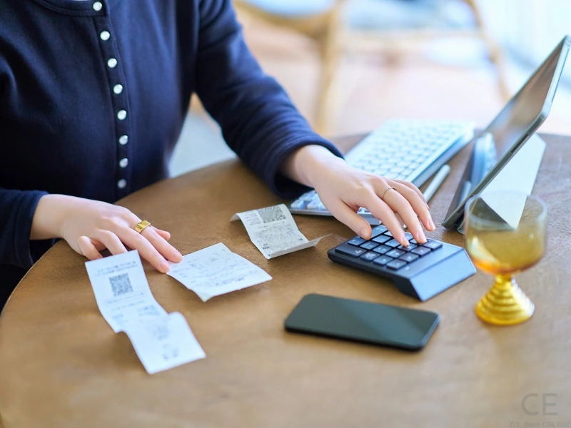 Female CPA uses a calculator to add up common small business expenses and pinpoint business expense categories. 